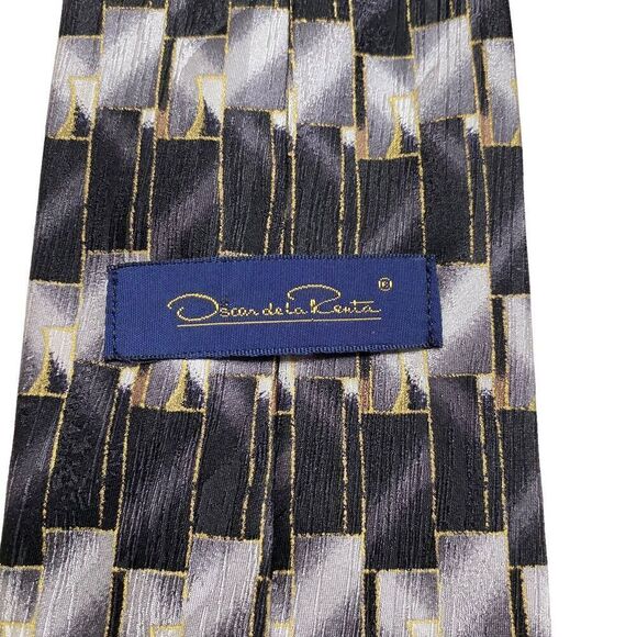 Vtg Oscar de la Renta Mens Necktie Tie Black Silver Gold Geometric Silk Designer - Picture 4 of 7